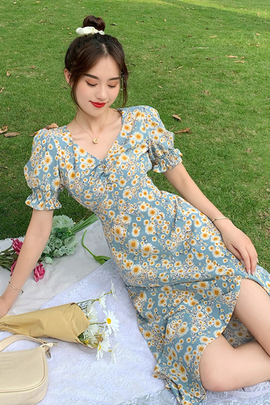 [QUÀ TẶNG LÀ GÓI XẢ VẢI BẠN NHÉ] Đầm nữ dáng dài tay ngắn bồng thắt eo 2021, Váy nữ hoa nhí cổ V dúm xẻ tà | BigBuy360 - bigbuy360.vn