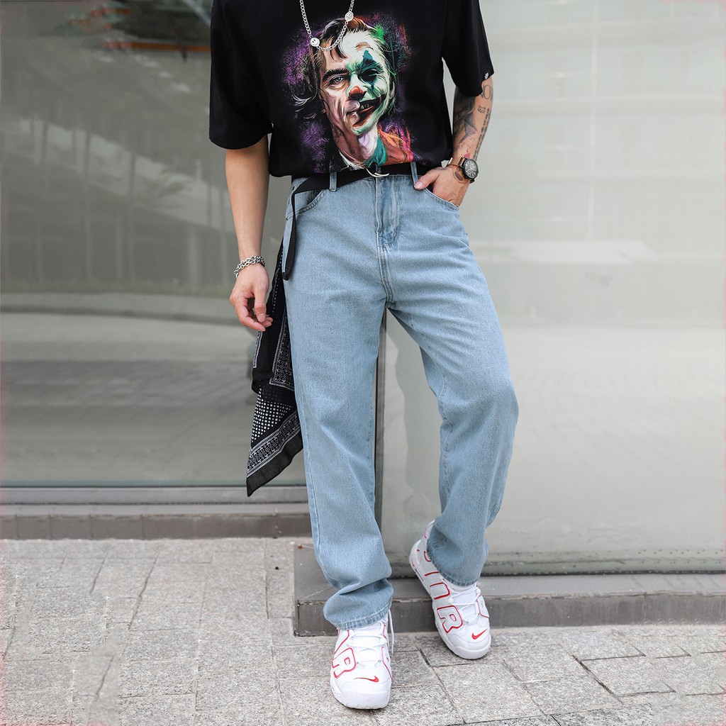 Quần Baggy Jean Ống Suông Màu Xanh Wash