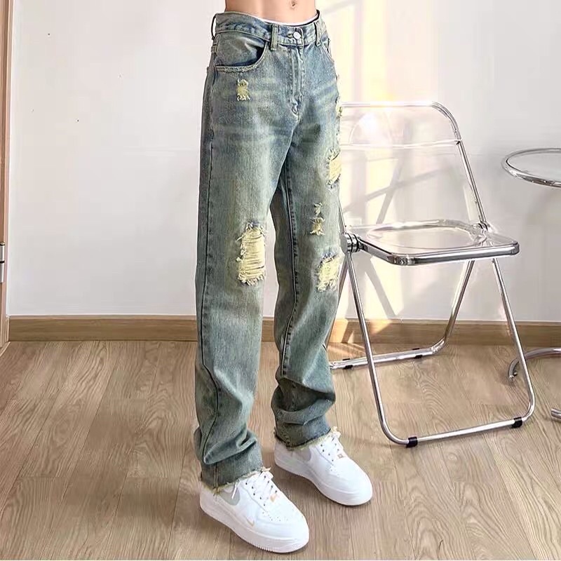 Quần bò jeans ống rộng suông rách tua rua vân màu xanh vintage bụi bặm hiphop unisex siêu chất ❤️