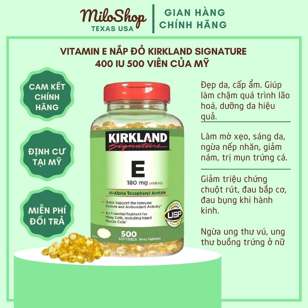 Costco Mỹ | Vitamin E 400 IU 500 Viên Kirkland Của Mỹ, Date 2025 hỗ trợ đẹp da, cấp ẩm, căng bóng da