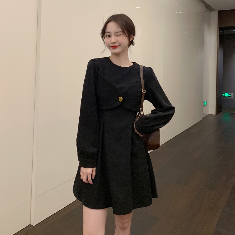 【ZHELIHANGFEI】Đầm Tay Phồng Giả Hai Lớp Nhấn Eo Phong Cách Retro