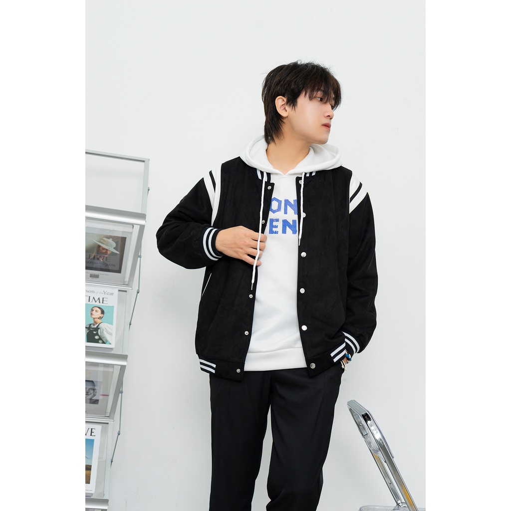 Áo Khoác Varsity Bomber Da Lộn Phối Tay Nam MANDO 2 Màu Đen Be Basic Unisex Form Rộng Thể Thao Hàn Quốc KLN006