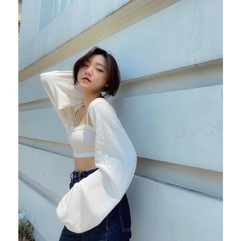 SET ÁO HAI DÂY KÈM KHOÁC Ngoài Tay Bồng - Set Croptop Áo Dây và Áo Khoác Thun Nỉ Trắng Unisex
