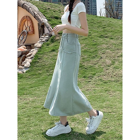 Jiashucheng Chân Váy Denim Đuôi Cá Dài Vừa Eo Cao Màu Xanh Bạc Hà Phong Cách Mới Cho Nữ