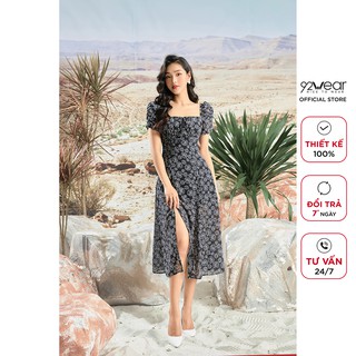 Đầm thiết kế 92WEAR váy maxi dáng xòe ngắn tay xẻ 1 bên DMC0114