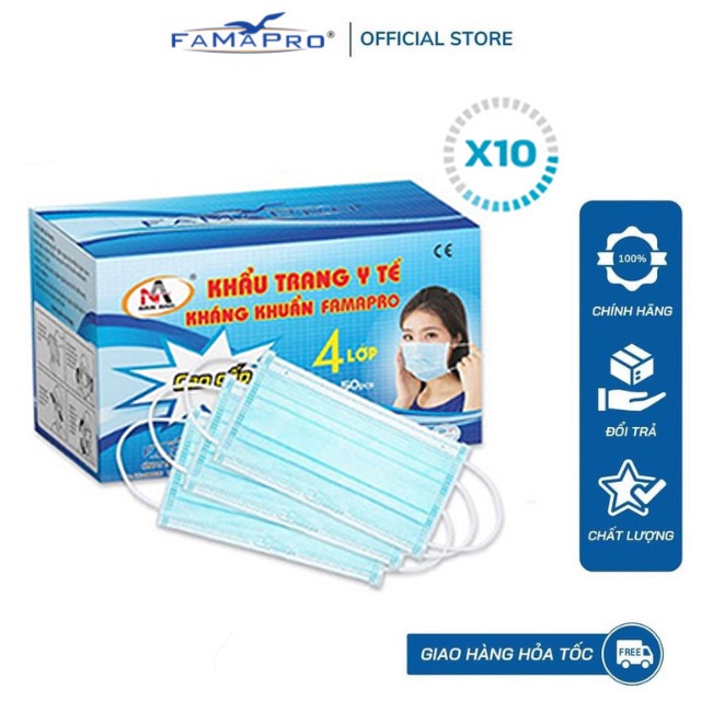 [COMBO 10 hộp] Khẩu trang y tế 4 lớp kháng khuẩn Famapro Cô gái  (50 cái/hộp)