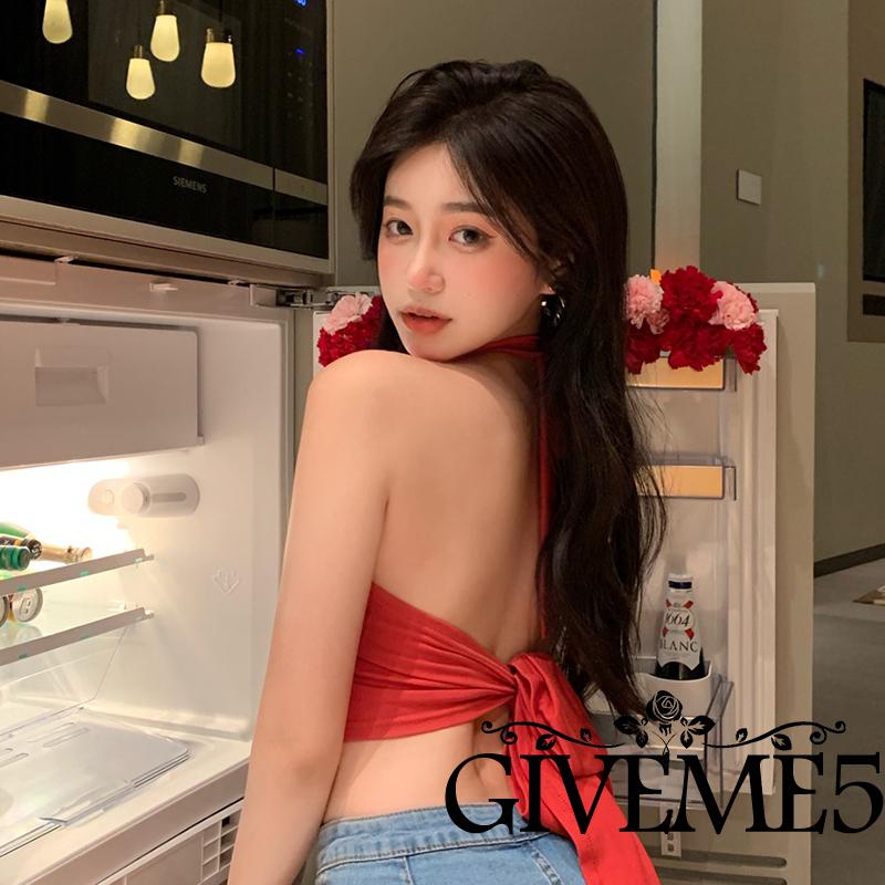 Áo Croptop Sát Nách Hở Lưng Thắt Nơ Màu Đỏ Trơn Quyến Rũ Cho Nữ