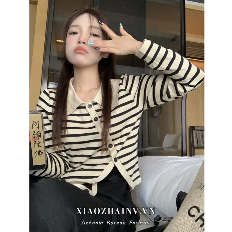 Áo khoác cardigan XIAOZHAINV dệt kim tay dài họa tiết kẻ sọc thời trang cho nữ