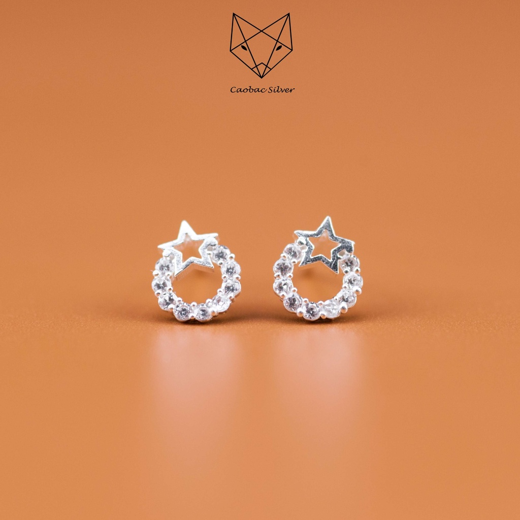 Khuyên Tai Bạc CaoBac Silver Cho Nữ Đính Đá Đơn Giản Basic Thiết Kế Tròn Rỗng Sao Đá