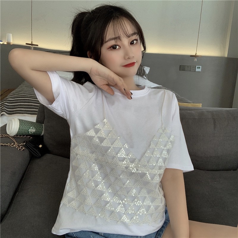 1589 #65 Kéo Lưới Sequin Hai Dây Đeo Ngắn Tay Áo Thun Nữ Trong Triều Của Hàn Quốc Trên Quần Áo