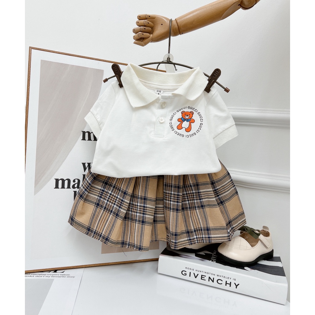 Đồng phục học sinh, cặp bộ bé trai bé gái áo polo trắng phối kẻ BBR xịn xò size 10-24kg