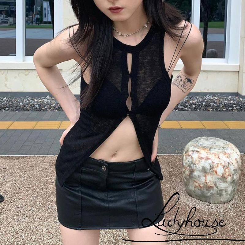 Áo Thun Lưới Không Tay Cổ Tròn Màu Trơn Thời Trang Dành Cho Nữ