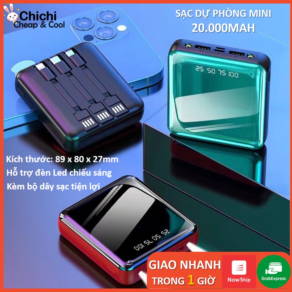 Sạc Dự Phòng 20000mAh [Lỗi 1 Đổi 1] Nhỏ Gọn Kèm 3 Dây Hỗ Trợ Sạc Nhanh Có 2 Đèn Led Chiếu Sáng PDP06 ChiChi