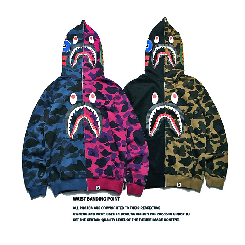 Áo khoác tay dài có khóa kéo in hình đầu cá mập 3D bape