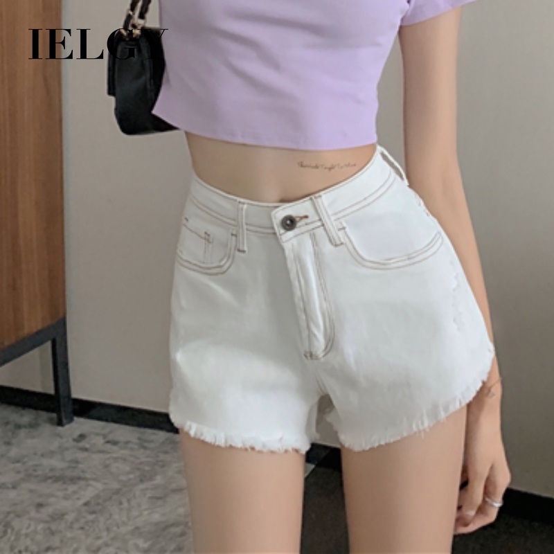 IELGY Quần Short Denim Lưng Cao Ống Rộng Phối Rách Thời Trang Mùa Hè Cho Nữ