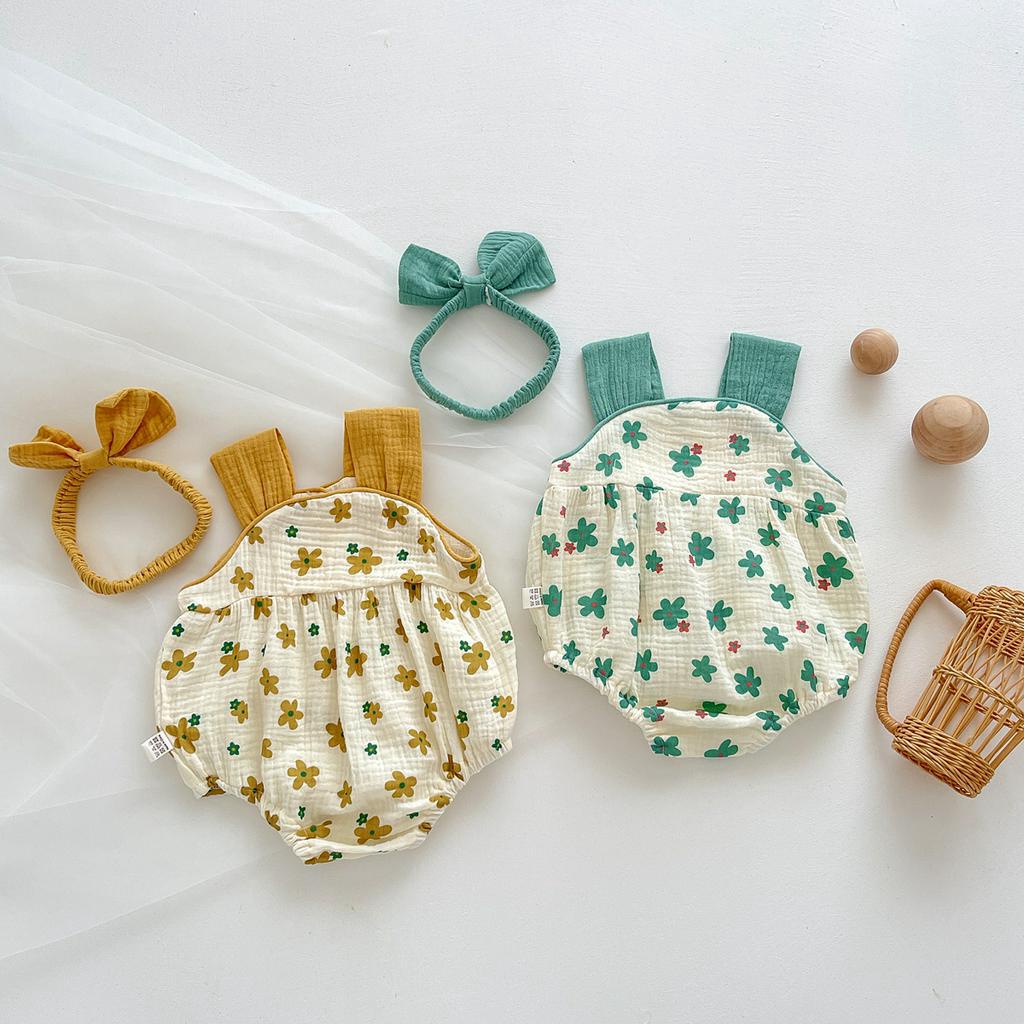 Bộ Trang Phục Gồm Áo Liền Thân Chất Liệu Cotton Mềm Mại Họa Tiết Hoa Kèm 1 Băng Đô Nơ Dành Cho Bé Trai Và Bé Gái