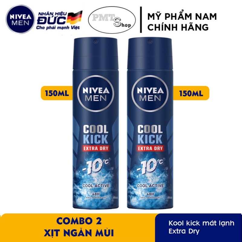 Combo 2 Xịt ngăn mùi nam NIVEA MEN Cool Kick 150ml x 2 chai Mát Lạnh - Thơm năng động Extra Dry Cool Active