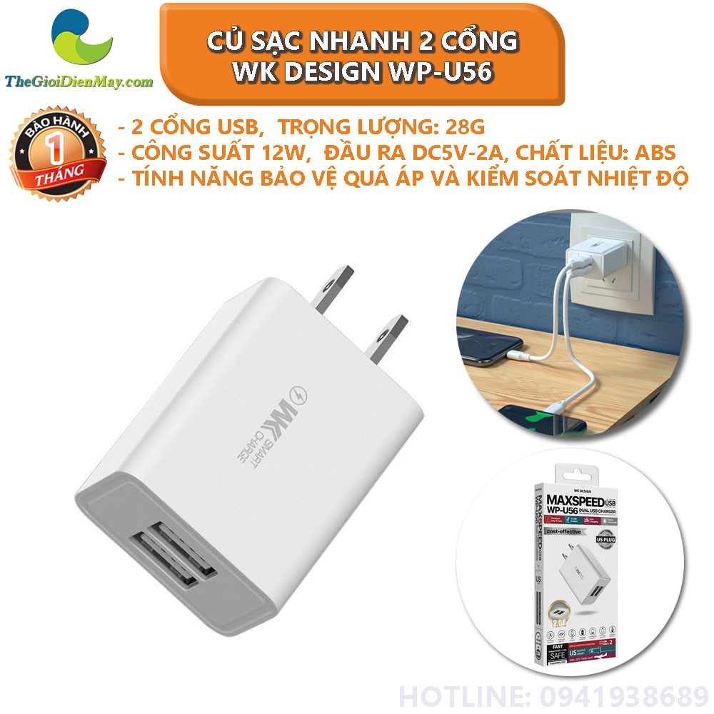 Củ sạc nhanh 2 cổng USB WK DESIGN WP-U56 - Bảo hành 1 tháng - Shop Thế Giới Điện Máy