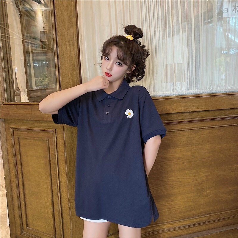 Áo Thun tay lỡ Unisex FREESIZE Cổ Trụ Polo in hình Hoa Cúc Hot Trend M0113