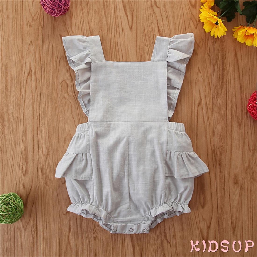 Bộ Áo Liền Quần Bằng Cotton Lanh Phối Bèo Thời Trang Mùa Hè Cho Bé Gái