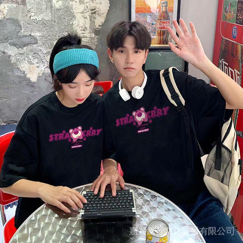 Áo Thun Cotton Trơn Tay Ngắn Dáng Rộng In Hình Gấu Dâu Tây Dễ Thương Thời Trang Cho Cặp Đôi 2022