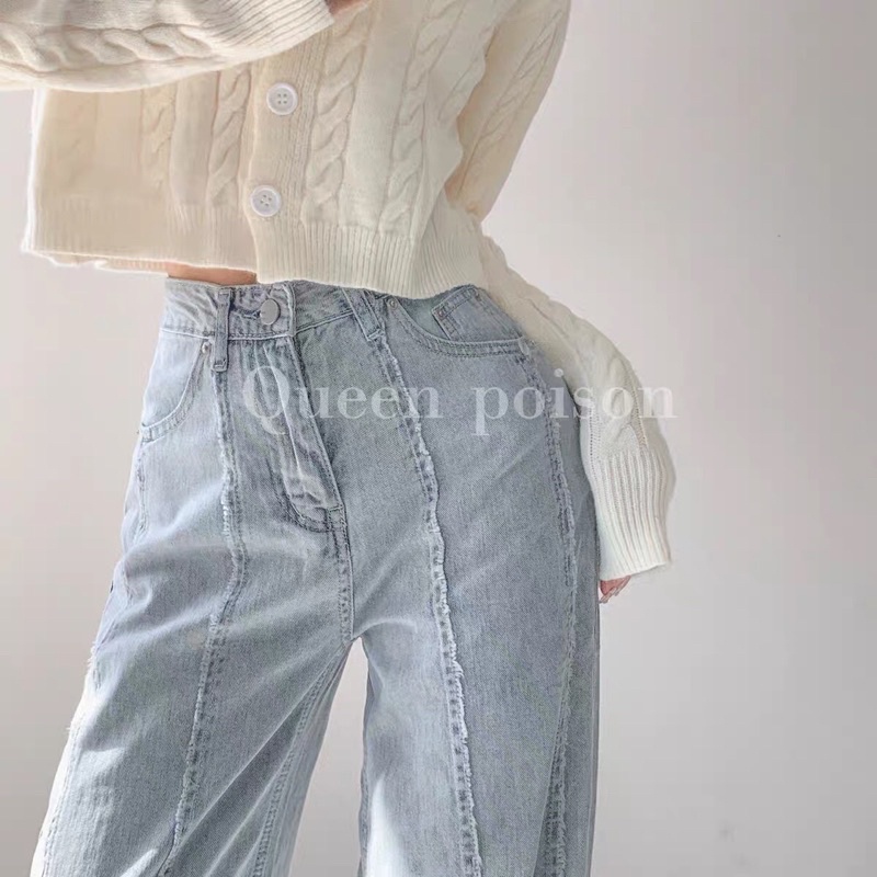 Quần jean ống suông cạp cao sọc gân đơn giản