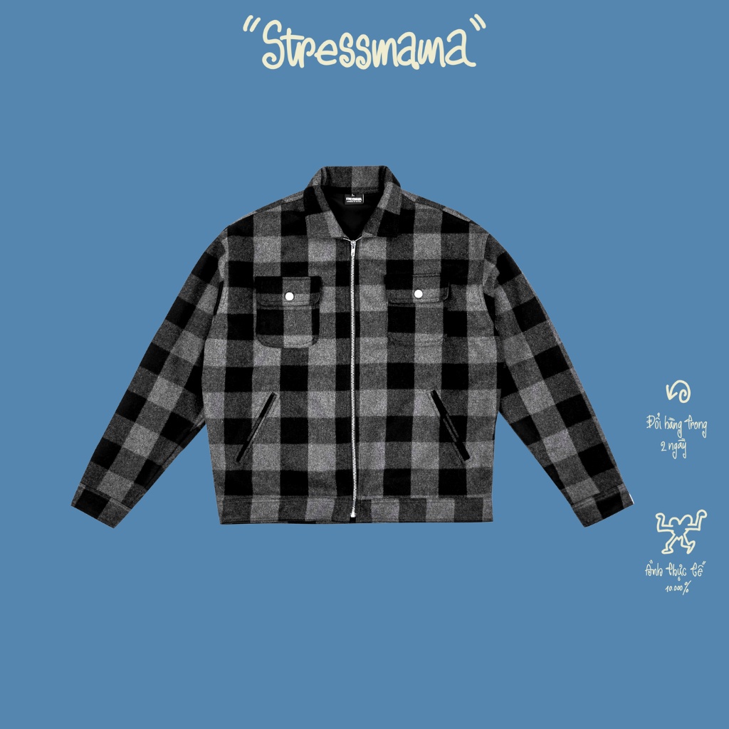 Stressmama Áo Khoác CHECKED ZIP-UP JACKET Màu Xám Đen form ngắn chất liệu nỉ dạ họa tiết & lớp lót Polyest Local Brand