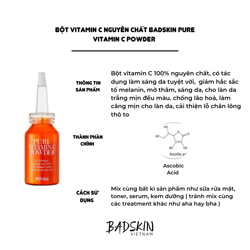 Bột Vitamin C nguyên chất dưỡng trắng da Badskin Pure Vitamin C powder