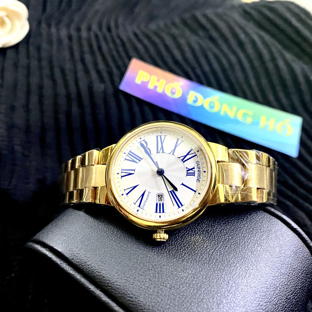 Đồng hồ nữ dây kim loại mặt kính chống xước sapphire Sunrise 2133 2133SA SL2133LK trắng