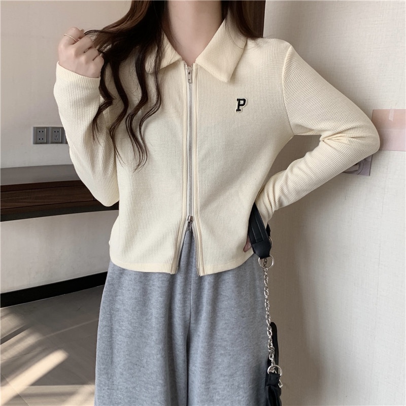 Áo kiểu SUXI cổ polo tay dài ôm dáng màu trơn thời trang cho nữ