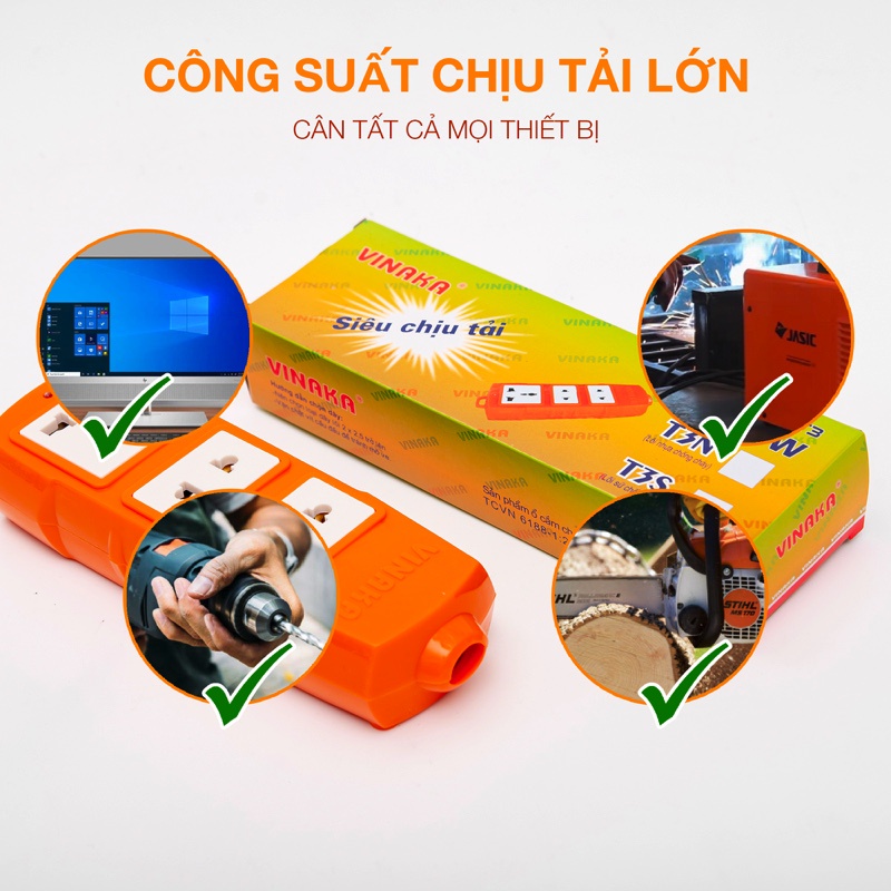 Ổ cắm 3 chân chịu tải 6000W không dây VINAKA lõi sứ chống cháy T3S