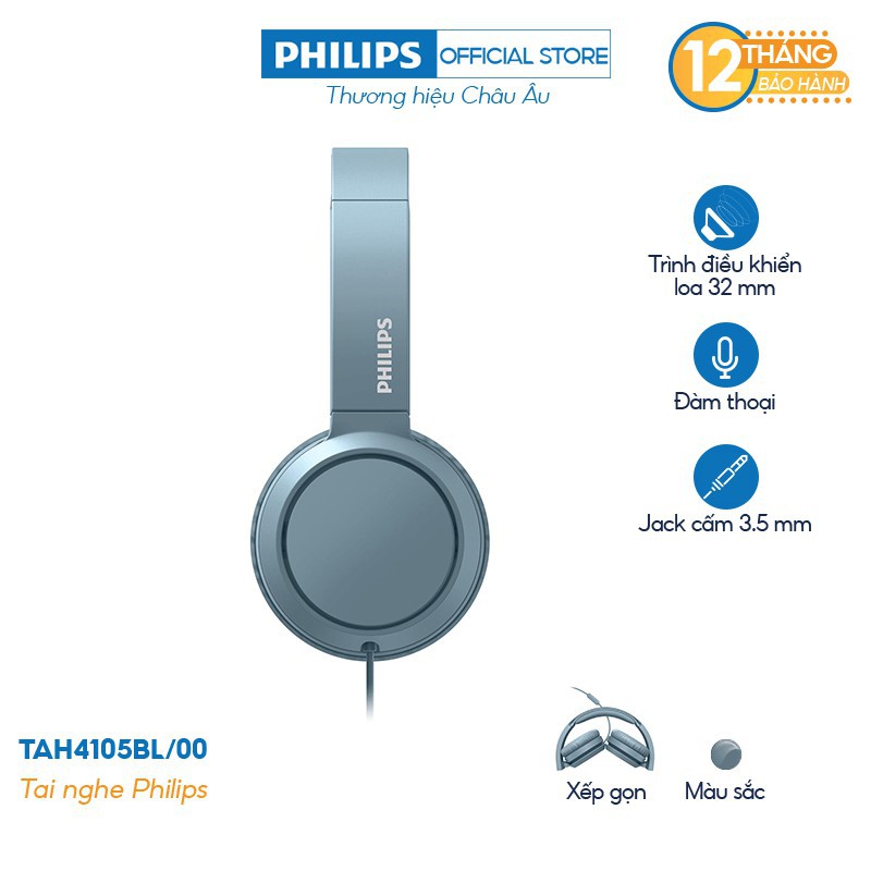 Tai nghe Philips chụp tai TAH4105BL/00, Có mic - Màu xanh - Hàng Chính Hãng