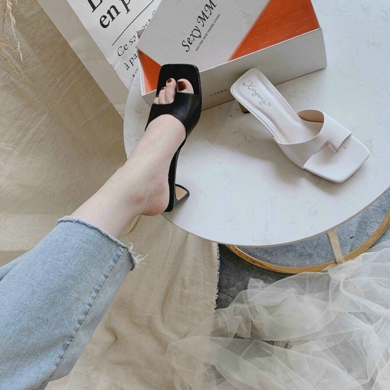 Guốc xỏ ngón quai cắt da mềm gót dẹp 5p hàng đẹp