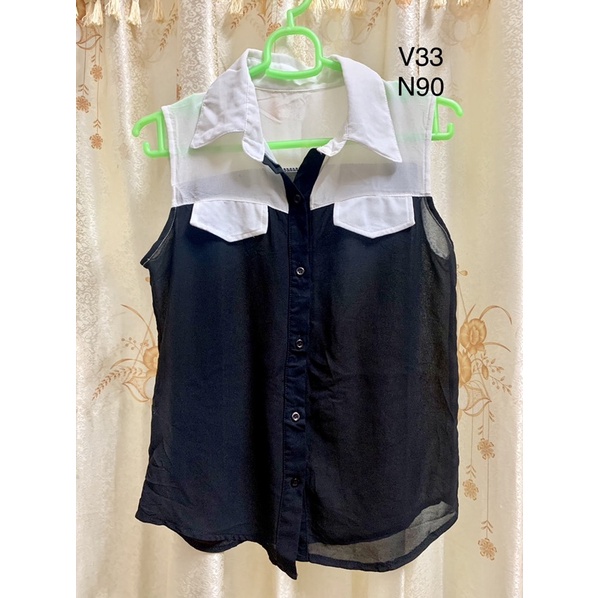 Áo somi voan sát nách phối đen trắng