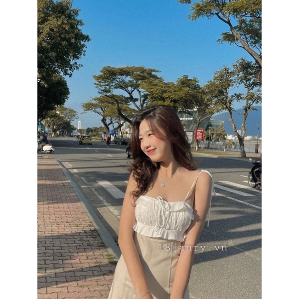 Navy dress - Đầm liền cột dây bèo nhún