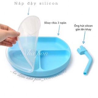Nắp đậy khay silicon 3 ngăn, ống hút kẹp khay,kẹp bát silicone cho bé ăn dặm