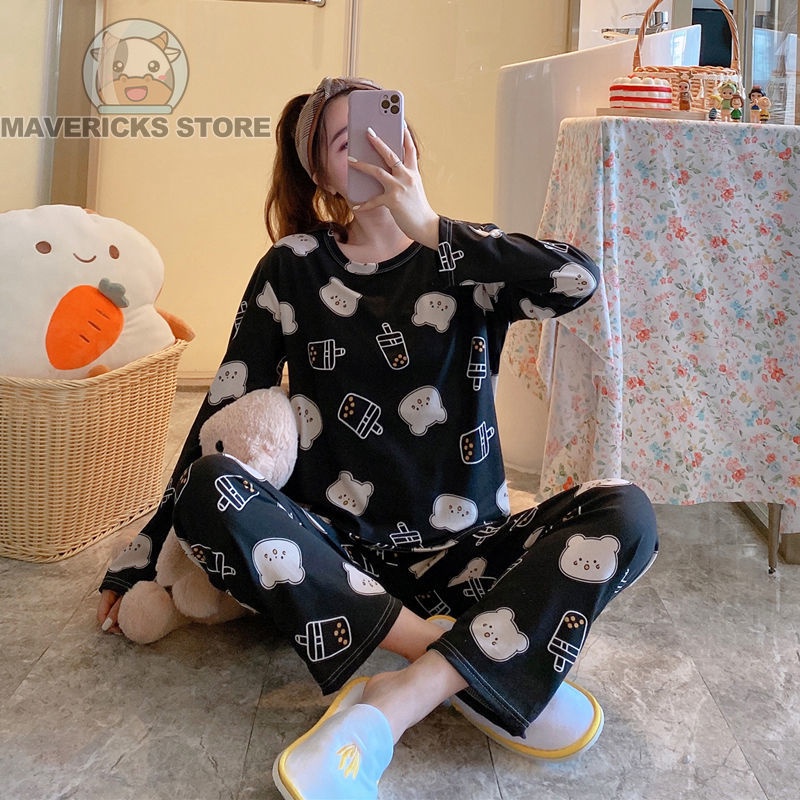 Bộ Đồ Ngủ Tay Dài In Hình Gấu Dâu Tây Phong Cách Hàn Quốc Thời Trang Cho Nữ