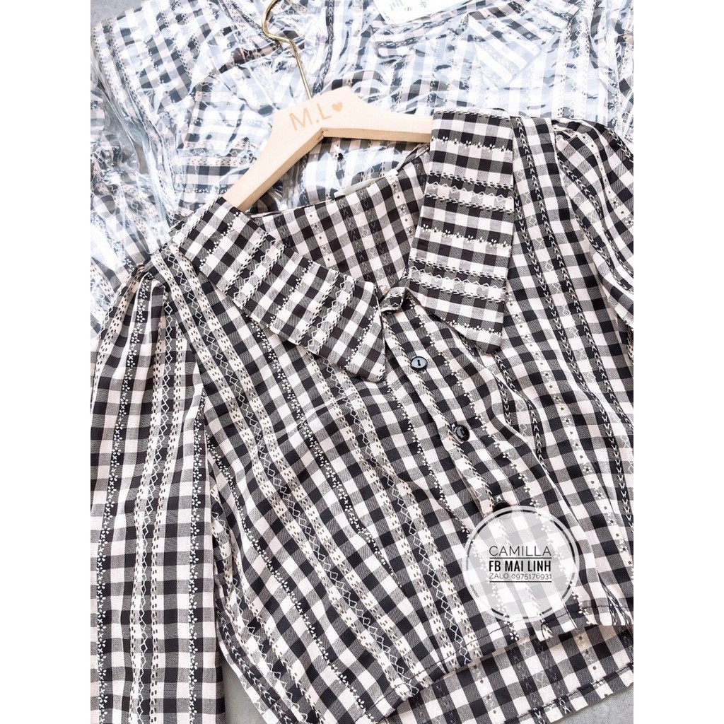 Áo croptop tay dài - áo sơ mi croptop kẻ đen trắng tay bồng hot 2021 SS134 | BigBuy360 - bigbuy360.vn