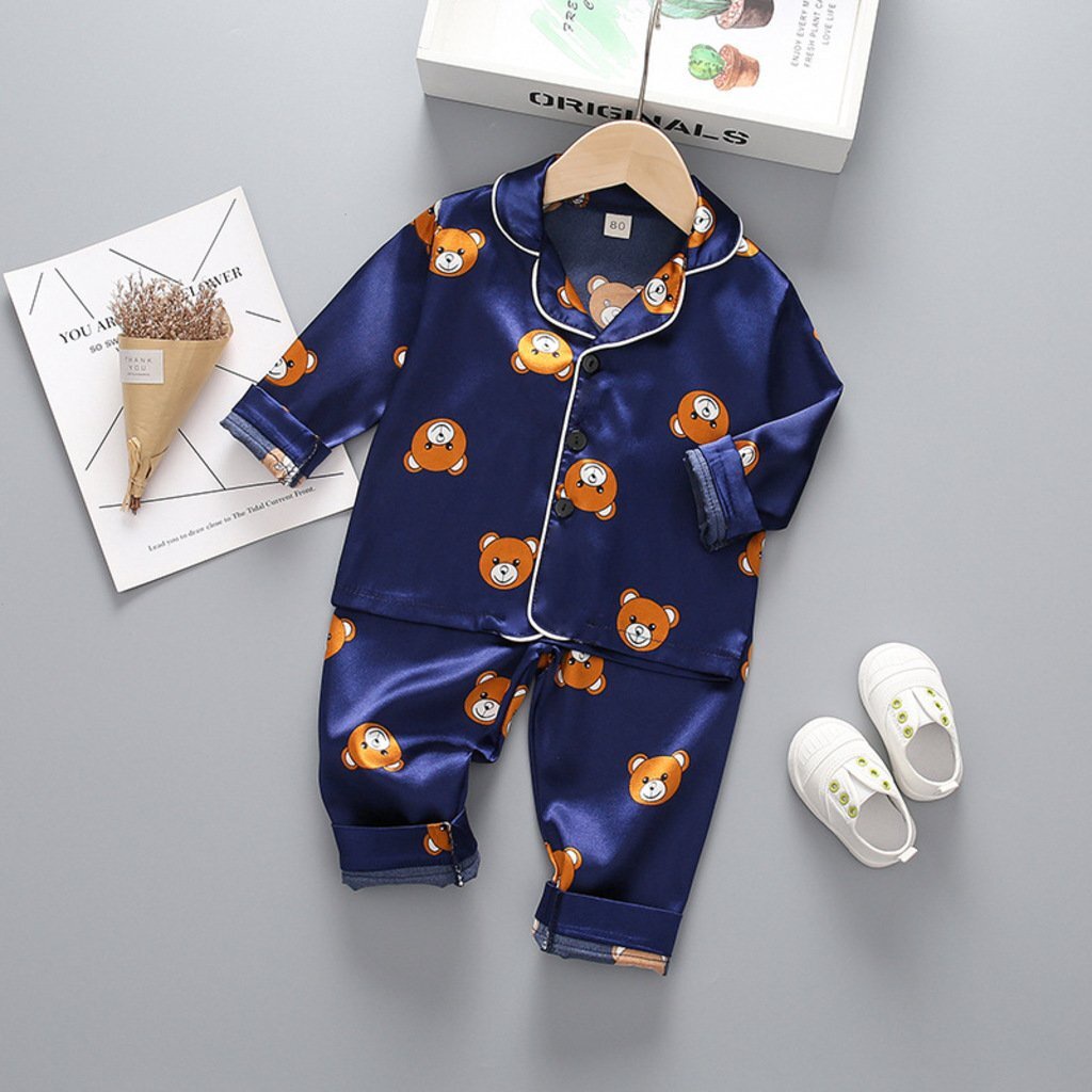 Bộ Pijama lụa dài tay cho bé trai bé gái in hình Gấu Kangminkids, đồ ngủ pizama cho bé trai bé gái cho bé Từ 6-28kg