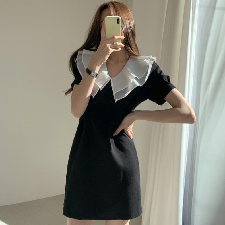 HOT- Đầm Voan Lép Đen Ngắn 2 Lớp Tay Bồng Ngắn Tay Retro Cổ Cánh Sen Lưng Cao Ulzzang Hàn Quốc Đầm Voan Thời Trang Lép