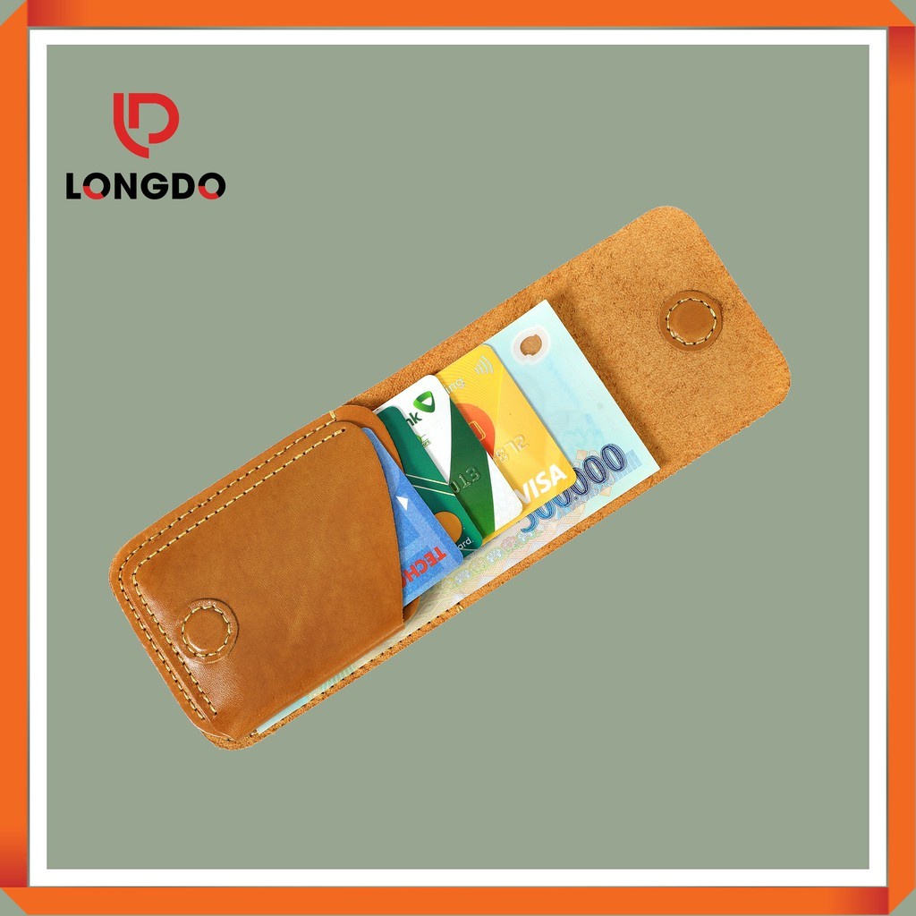 Ví sen 3 màu vàng bò - Cam kết 100% da bò thật - Ví mini đựng thẻ cao cấp thương hiệu Longdo Leather