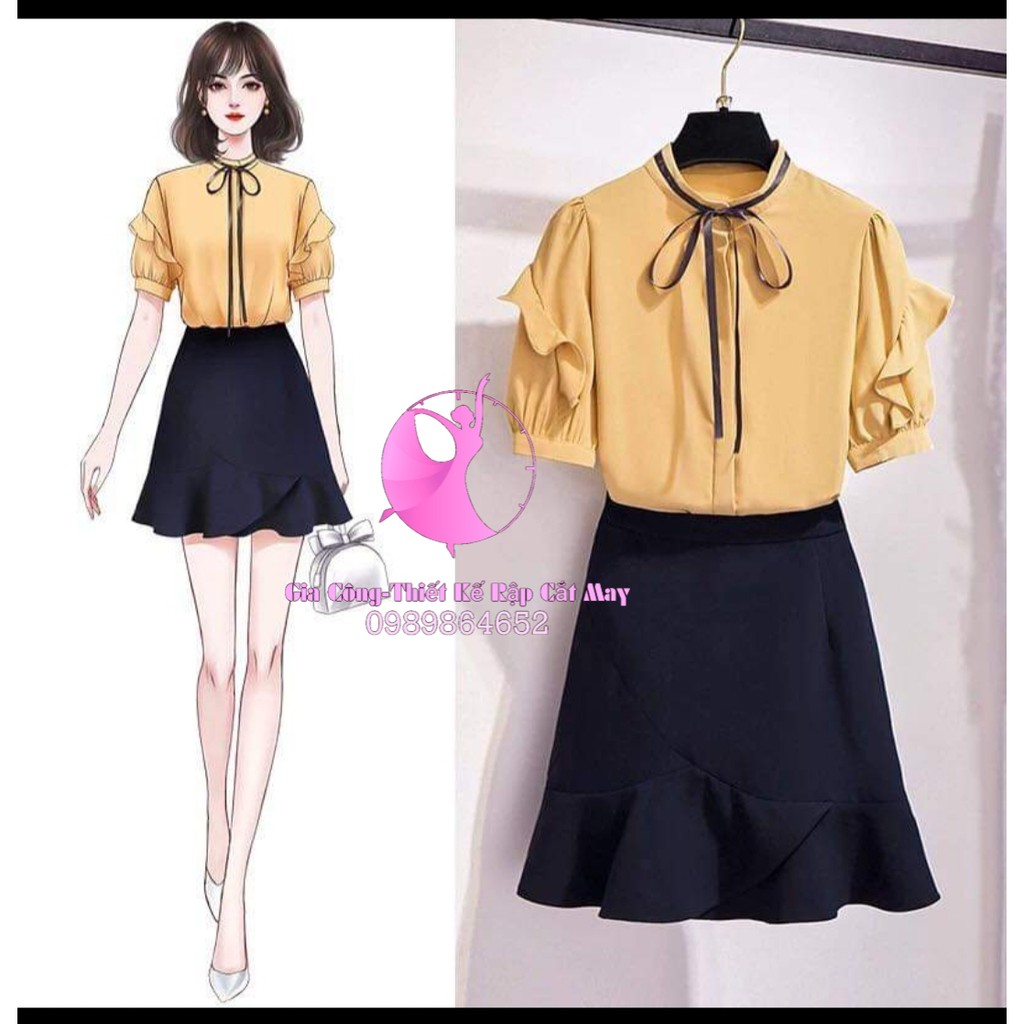 S179 Rập sét áo tay bèo +chân váy đuôi cá (xS-XXXL)