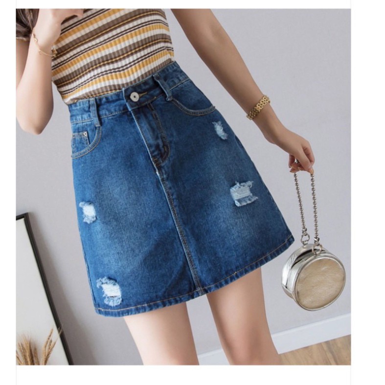 Quần Váy Jean Bigsize Co Giãn Mạnh DÀI 46cm - LƯNG CAO TRÊN RỐN - XANH ĐẬM RÁCH