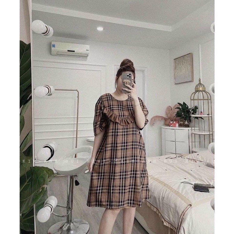 [Mã FATHANG5 giảm 10K đơn 50K] Váy suông kẻ bèo nâu tây /119k