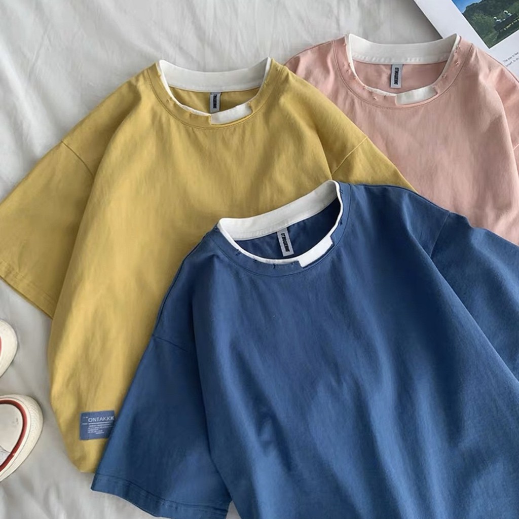 Áo thun FORM RỘNG FREESIZE Unisex cổ rách layer  chất cotton dày dặn mềm mịn | BigBuy360 - bigbuy360.vn