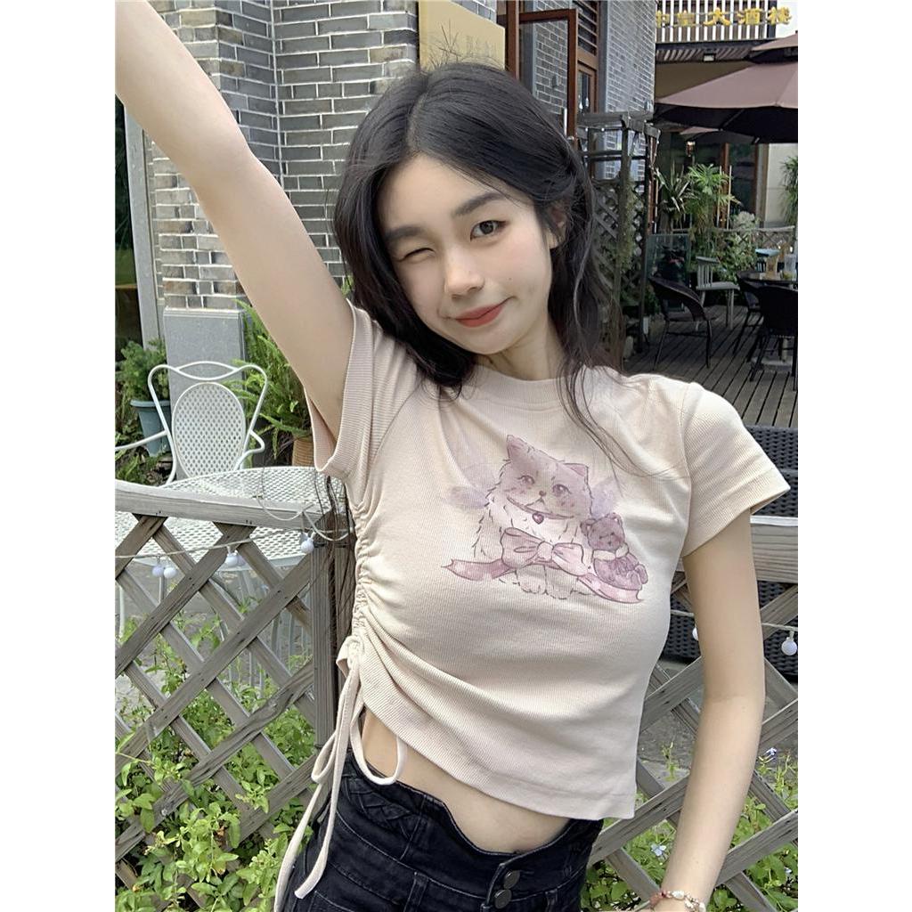 Áo Thun Tay Ngắn Rút Dây In Hình Mèo Phong Cách Mới 63138