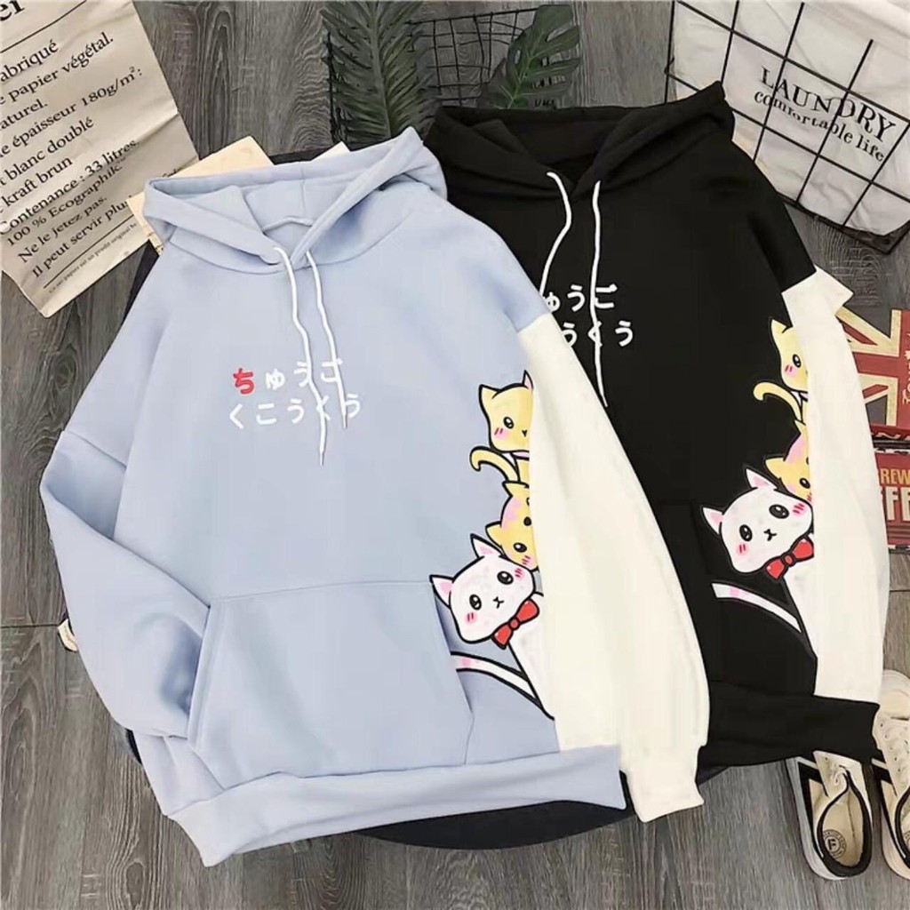 Áo khoác, áo hoodie unisex nỉ ngoại 3 chú mèo dễ thương năng động thời trang học đường