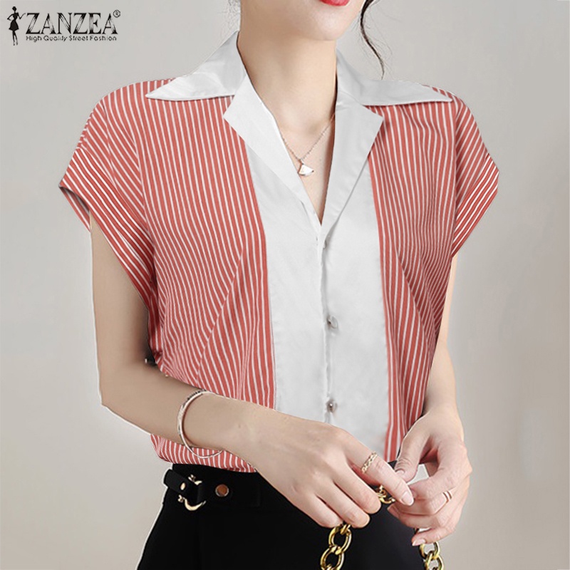 ZANZEA Áo Sơ Mi Nữ Ngắn Tay Họa Tiết Sọc Thời Trang