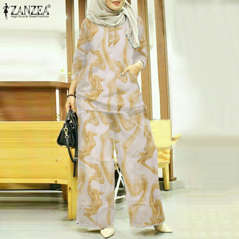 Zanzea Bộ Áo Tay Lửng 3 / 4 Phút Và Quần Dài Ống Rộng Lưng Thun Cho Phụ Nữ Hồi Giáo