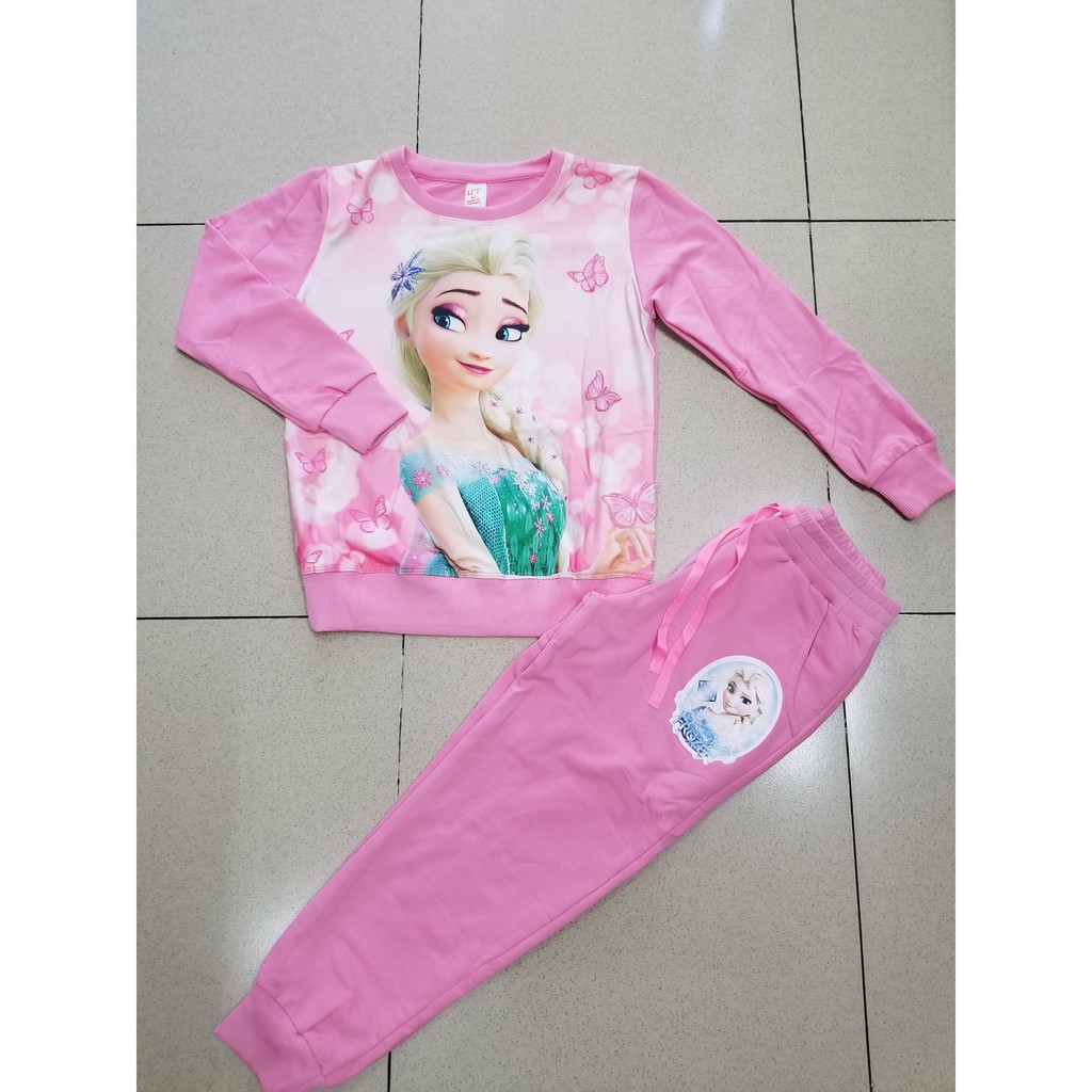 Bộ thun cotton da cá dày dặn in công chúa elsa bé gái